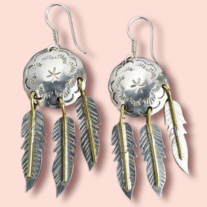 Vtg Taxco 925 Sterling Silver Feather Drop Earrings Native Western Southwestern
